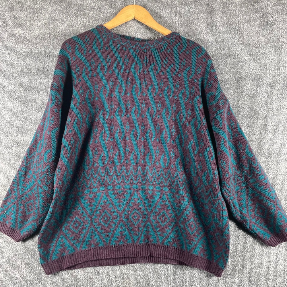 VTG Stefano International Sweater Mens Large Purple Teal 3D 90s Retro Abstract